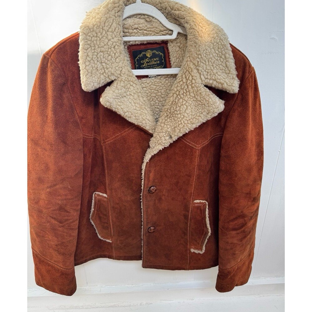 VTG 90s Suede Leather Shearling Jacket Ranch Sherpa Fur Lined USA Made Sz 44